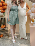 Momnfancy White Tie Back Mermaid Satin V-neck Elegant Chic Baby Shower Maternity Maxi Dress