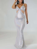 Momnfancy Belly Friendly Sequin Mermaid Spaghetti Strap Backless Cut Out Babyshower Maternity Maxi Dress