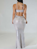 Momnfancy Belly Friendly Sequin Mermaid Spaghetti Strap Backless Cut Out Babyshower Maternity Maxi Dress