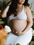 Momnfancy White 2 Piece Crochet Solid Color Vacation Bodycon Club Photoshoot Baby Shower Maternity Maxi Dress