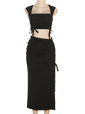 Momnfancy Black Ruched Drawstring Tie Side Slit Fashion Bodycon Maternity Baby Shower Photoshoot Maxi Dress