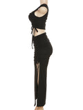 Momnfancy Black Ruched Drawstring Tie Side Slit Fashion Bodycon Maternity Baby Shower Photoshoot Maxi Dress