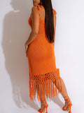 Momnfancy Orange Crochet Cut Out Tassel Backless Cami Bodycon Chic Beach Vacation Maternity Photoshoot Baby Shower Party Maxi Dress