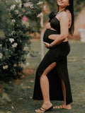 Momnfancy Black Two Piece 3D Flower Irregular Cut Out Crop Side Slit Cami Bodycon Chic Club Maternity Photoshoot Baby Shower Party Maxi Dress