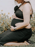 Momnfancy Black Two Piece 3D Flower Irregular Cut Out Crop Side Slit Cami Bodycon Chic Club Maternity Photoshoot Baby Shower Party Maxi Dress