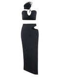 Momnfancy Black Two Piece 3D Flower Irregular Cut Out Crop Side Slit Cami Bodycon Chic Club Maternity Photoshoot Baby Shower Party Maxi Dress