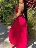 Momnfancy Elegant 2-in-1 Side Slit Irregular Knot Bare Waist Cutout Halter Neck Vacation Babyshower Maternity Maxi Dress