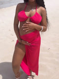Momnfancy Elegant 2-in-1 Side Slit Irregular Knot Bare Waist Cutout Halter Neck Vacation Babyshower Maternity Maxi Dress