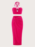 Momnfancy Elegant 2-in-1 Side Slit Irregular Knot Bare Waist Cutout Halter Neck Vacation Babyshower Maternity Maxi Dress