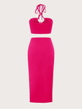 Momnfancy Elegant 2-in-1 Side Slit Irregular Knot Bare Waist Cutout Halter Neck Vacation Babyshower Maternity Maxi Dress