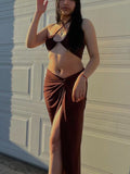 Momnfancy Elegant 2-in-1 Side Slit Irregular Knot Bare Waist Cutout Halter Neck Vacation Babyshower Maternity Maxi Dress
