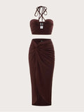 Momnfancy Elegant 2-in-1 Side Slit Irregular Knot Bare Waist Cutout Halter Neck Vacation Babyshower Maternity Maxi Dress
