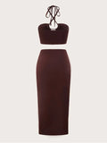 Momnfancy Elegant 2-in-1 Side Slit Irregular Knot Bare Waist Cutout Halter Neck Vacation Babyshower Maternity Maxi Dress
