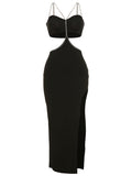 Momnfancy Spaghetti Strap Belly Friendly Backless Rhinestone Cut Out Side Slit Babyshower Maternity Maxi Dress