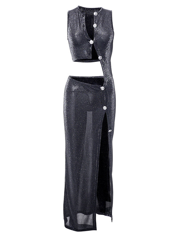 Momnfancy Elegant Black Sparkly Side Slit Cutout Bare Waist Crop Buttons Irregular Party Maternity Occasion Maxi Dress
