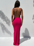 Momnfancy Rose Carmine Spaghetti Straps Backless 3D Flowers Bodycon Boat Neck Elegant Baby Shower Maternity Maxi Dress
