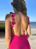 Momnfancy Rose Carmine Spaghetti Straps Backless 3D Flowers Bodycon Boat Neck Elegant Baby Shower Maternity Maxi Dress