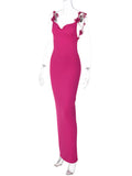 Momnfancy Rose Carmine Spaghetti Straps Backless 3D Flowers Bodycon Boat Neck Elegant Baby Shower Maternity Maxi Dress