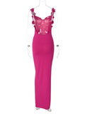 Momnfancy Rose Carmine Spaghetti Straps Backless 3D Flowers Bodycon Boat Neck Elegant Baby Shower Maternity Maxi Dress