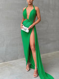 Momnfancy Elegant Green Thigh High Side Slits Backless Drawstring Cutout Floor Mopping Occasion Maternity Evening Maxi Dress