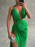 Momnfancy Elegant Green Thigh High Side Slits Backless Drawstring Cutout Floor Mopping Occasion Maternity Evening Maxi Dress