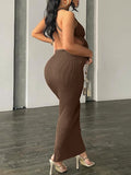 Momnfancy Coffee Bodycon Backless Cross Back Slit Sleeveless Fashion Baby Shower Maternity Maxi Dress