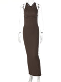 Momnfancy Coffee Bodycon Backless Cross Back Slit Sleeveless Fashion Baby Shower Maternity Maxi Dress