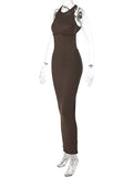 Momnfancy Coffee Bodycon Backless Cross Back Slit Sleeveless Fashion Baby Shower Maternity Maxi Dress