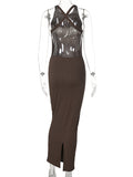 Momnfancy Coffee Bodycon Backless Cross Back Slit Sleeveless Fashion Baby Shower Maternity Maxi Dress