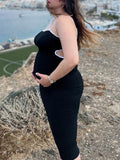 Momnfancy Elegant Black Cutout Bare Waist Bodycon Backless Hit Color Patchwork Daily Maternity Babyshower Midi Dress