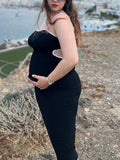 Momnfancy Elegant Black Cutout Bare Waist Bodycon Backless Hit Color Patchwork Daily Maternity Babyshower Midi Dress