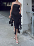 Momnfancy Elegant Black Slits On Both Sides Falbala Side Draped Irregular Bodycon Party Maternity Babyshower Maxi Dress