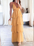 Momnfancy Elegant Yellow Polka Dot Layers Of Falbala Cutout Bare Waist Babyshower Maternity Vacation Maxi Dress