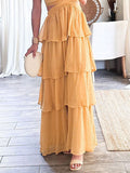 Momnfancy Elegant Yellow Polka Dot Layers Of Falbala Cutout Bare Waist Babyshower Maternity Vacation Maxi Dress