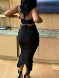 Momnfancy Elegant Black Falbala Ruffle Back Slit Cutout Bare Waist Bodycon Flowers Party Maternity Babyshower Maxi Dress