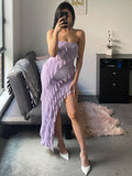 Momnfancy Elegant Light Purple Falbala Thigh High Side Slits Bandeau Bodycon Party Babyshower Maternity Maxi Dress