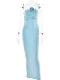 Momnfancy Elegant Blue Flowers Ruffle Bandeau Bodycon Oblique Shoulder Party Maternity Babyshower Maxi Dress