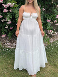 Momnfancy Elegant White Cutout Drawstring Lace Up Big Swing Flowy Backless Babyshower Holiday Maternity Maxi Dress