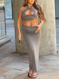 Momnfancy Cut Out Two Piece Crop Bodycon Backless Halter Neck Fashion Evening Baby Shower Maternity Maxi Dress