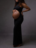 Momnfancy Black Cut Out Crop Bodycon High Neck Fashion Photoshoot Maternity Maxi Dress