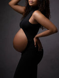 Momnfancy Black Cut Out Crop Bodycon High Neck Fashion Photoshoot Maternity Maxi Dress