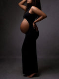 Momnfancy Black Cut Out Crop Bodycon High Neck Fashion Photoshoot Maternity Maxi Dress