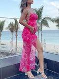 Momnfancy Red Floral Mesh Spaghetti Straps Tie Back Backless Ruched Side Slit Bodycon Sweet Vacation Baby Shower Maternity Maxi Dress
