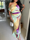 Momnfancy Green Tie Dye Side Slit Knot Ruched Oblique Shoulder Fashion Vacation Baby Shower Maternity Maxi Dress