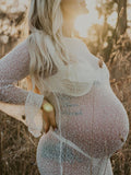 Momnfancy White Ruffle Bodycon Backless Long Sleeve Elegant Beach Smock Photoshoot Maternity Maxi Dress