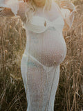 Momnfancy White Ruffle Bodycon Backless Long Sleeve Elegant Beach Smock Photoshoot Maternity Maxi Dress