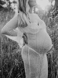 Momnfancy White Ruffle Bodycon Backless Long Sleeve Elegant Beach Smock Photoshoot Maternity Maxi Dress