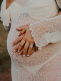 Momnfancy White Ruffle Bodycon Backless Long Sleeve Elegant Beach Smock Photoshoot Maternity Maxi Dress