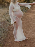 Momnfancy White Ruffle Bodycon Backless Long Sleeve Elegant Beach Smock Photoshoot Maternity Maxi Dress