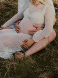 Momnfancy White Ruffle Bodycon Backless Long Sleeve Elegant Beach Smock Photoshoot Maternity Maxi Dress
